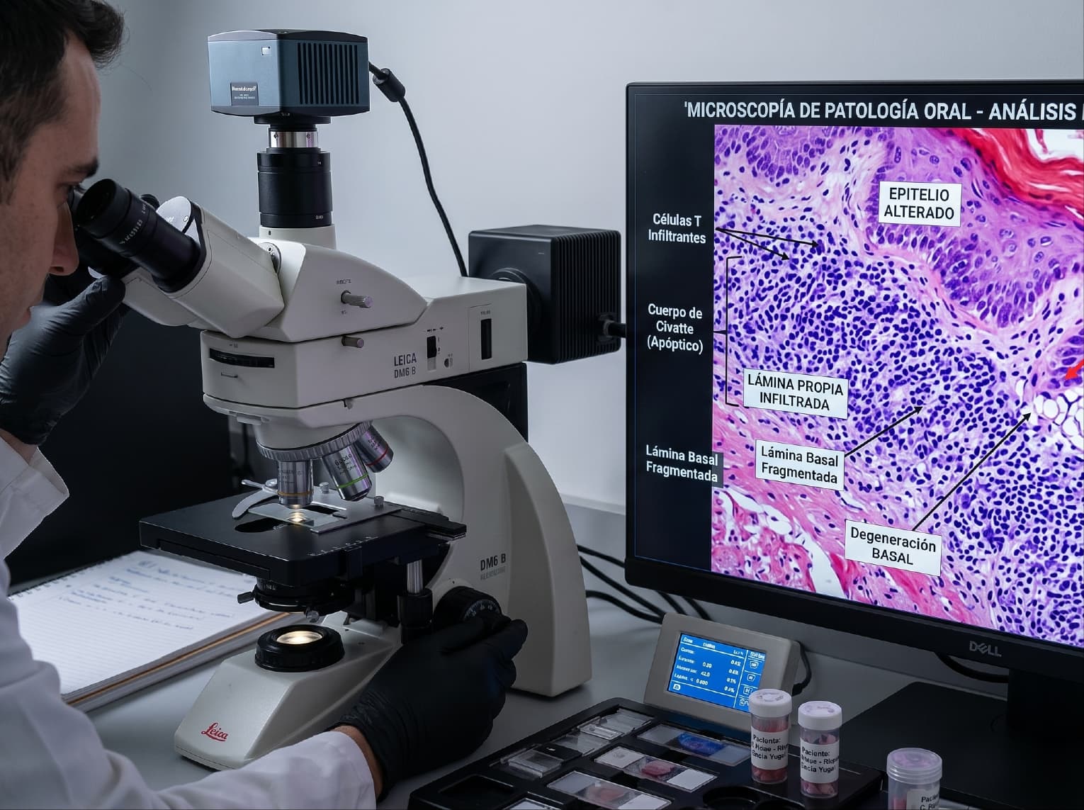 Análisis histopatológico al microscopio de patología oral